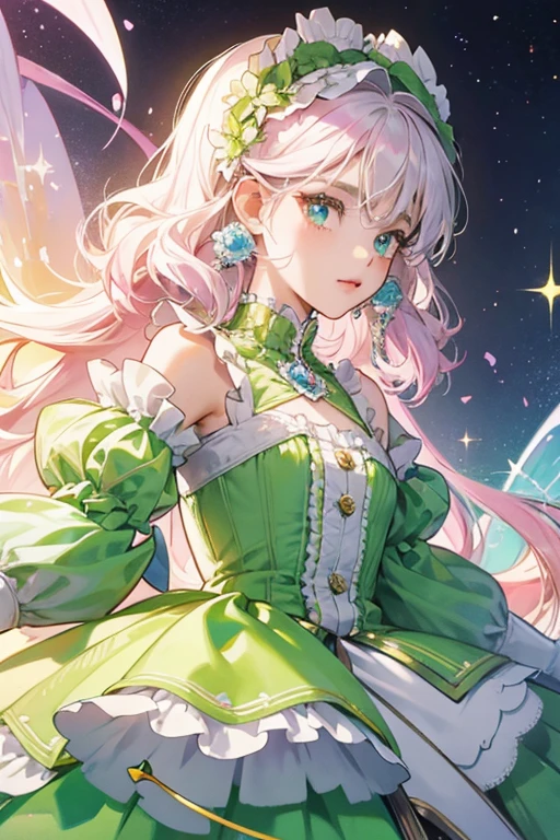 Julietchi is light yellow with puffy white hair that resembles an afro hairstyle. Her hair is covered in seven hexagonal jewels; two are blue, two are green, two are yellow, and the one in the middle is pink. Her eyes are sparkly and green, each with one main highlight and three small highlights. She wears a two-layered frilly dress. SPARKLE; GLITTER