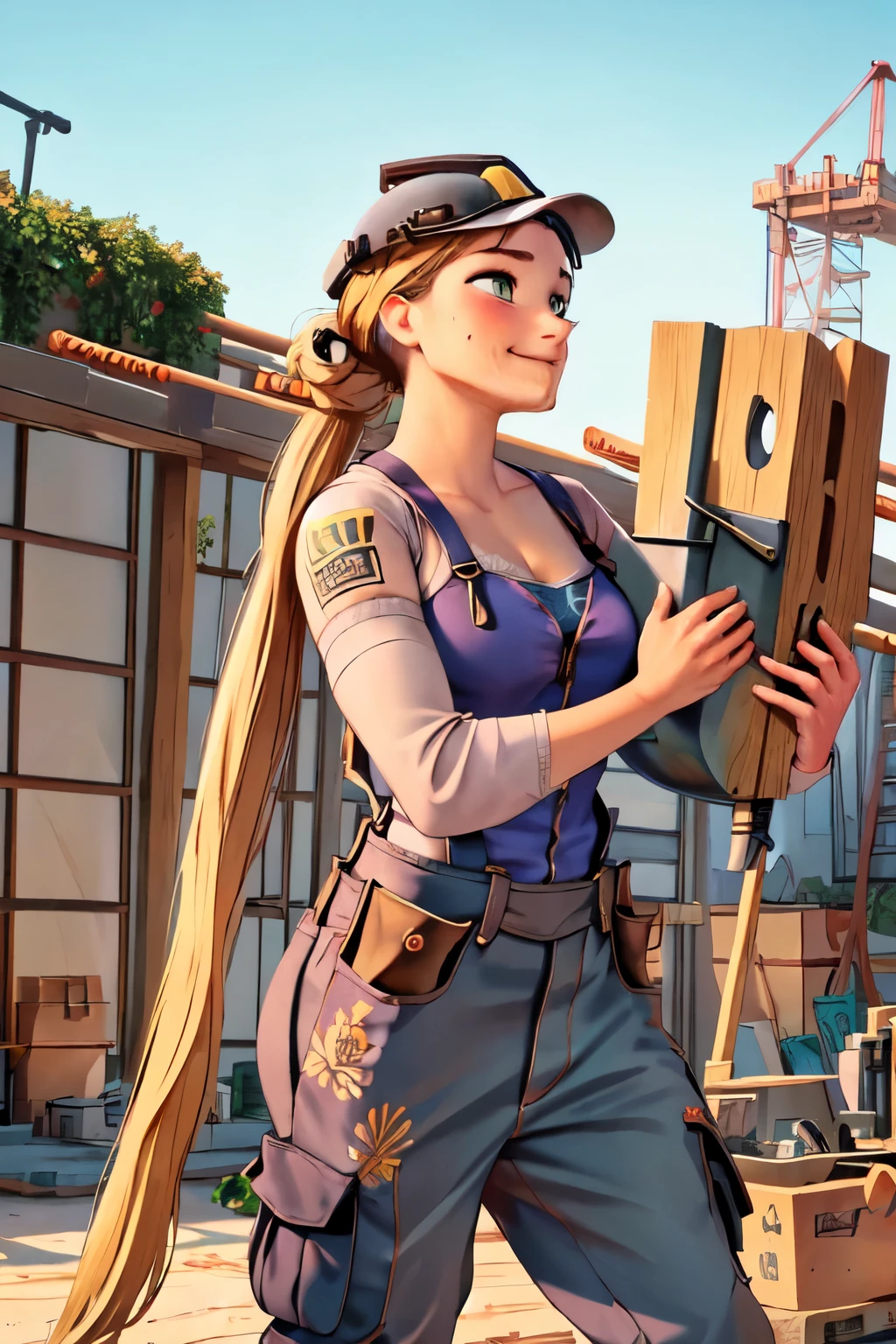 (masterpiece:1.2), (best quality), (ultra detailed), (8k, 4k, intricate),(highly detailed:1.2),(detailed face:1.2), (highly detailed background of construction site wth rebar and cranes),(portrait),detailed landscape,(action pose:1.2),rapunzel  1girl, solo, long hair, looking away from viewer, smile, blonde hair, long sleeves, dress, walking with urgency, side profile of entire body walking, side view of face, very long hair tied up, green eyes, carpenter, woodworker, construction worker, contractor 

Rapunzel portrayed as a construction worker, carrying a large long wooden beam on her shoulder, dressed in carpenters attire, baggy cargo overalls, suspenders, tools in pockets, safety goggles, work gloves, wearing a hardhat/safety helmet, durable work boots, knee pads, bandana, tattoos with floral and sun motifs visble, sweating from brow, determined smirk, holding woodworking tools, working on a construction site, tools and machinery are visble, curvy, beautiful 