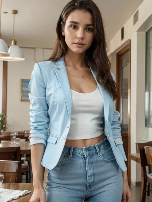 (8k), (Very High Resolution), 30-year-old woman with light blue jeans and a white shirt and a skin-colored blazer on top, paisagem restaurante.