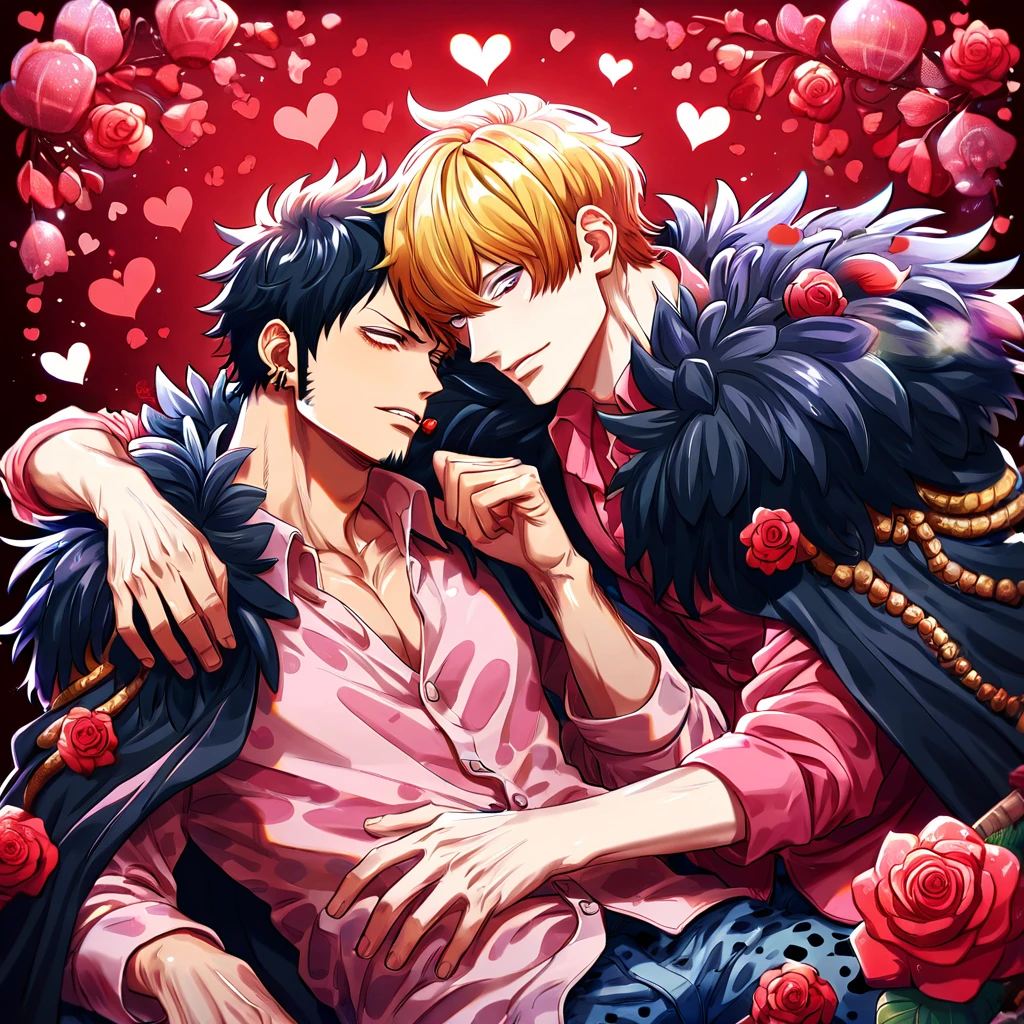 absurdres, highres, ultra detailed, HDR, master piece, best quality, Donquixote Rosinante Corazon, expressive red eyes, blonde hair, One Piece, Trafalgar Law, black hair, expressive gray eyes, two sexy men together, gay couple, yaoi, handsome, black fur cape, pink shirt with heart patterns, black coat, magical, fantasy, red roses, red butterflies, red petals, red sky
