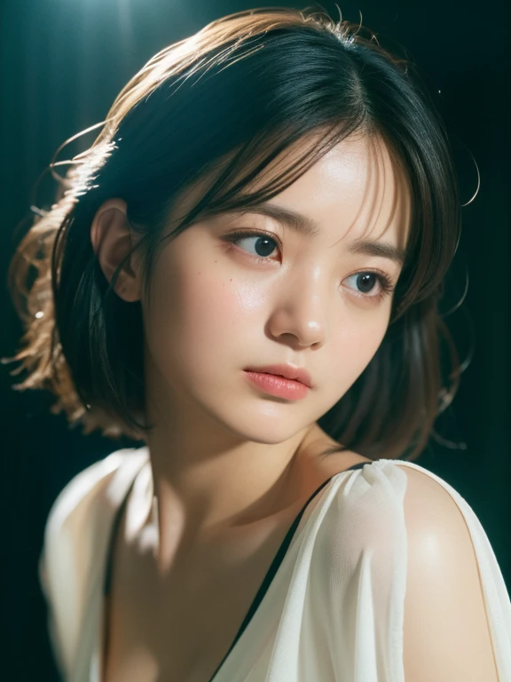 highest quality、８K、masterpiece、(Face image:1.2), (Super detailed image quaLightingy), (8k, Complex), Particles of light, Lighting, Close-up of face, Very angry、so sad、tears、(Gasp)、(Embarrassing)、(Scared)、(Very detailed:1.2), Focus on the , (Detailed face:1,5), alone、Black Hair、Floating Hair、Small , White blouse、like々A funny expression、darkroom、Front light、Backlight