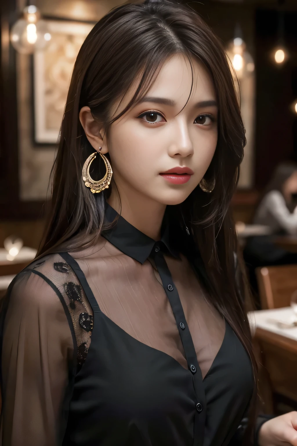 masterpiece, highest quality, Realistic, Very detailed, Finer details, High resolution, 8k wallpaper, One beautiful woman, Wear a black see-through shirt, In a great restaurant, At night, Light brown messy hair, Perfect dynamic composition, Beautiful and beautiful eyes、Big earrings