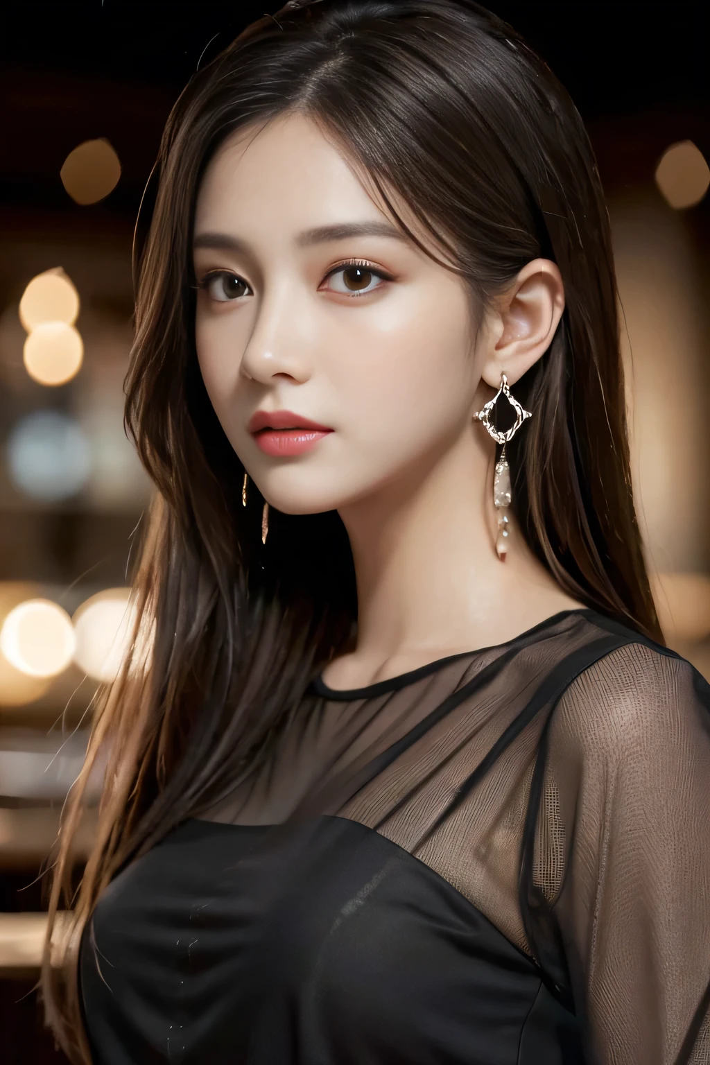 masterpiece, highest quality, Realistic, Very detailed, Finer details, High resolution, 8k wallpaper, One beautiful woman, Wear a black see-through shirt, In a great restaurant, At night, Light brown messy hair, Perfect dynamic composition, Beautiful and beautiful eyes、Big earrings