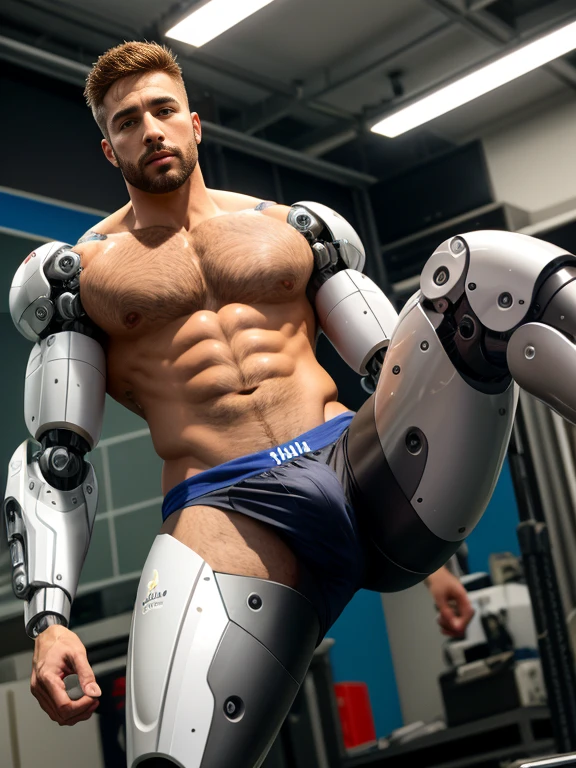 tall bionic man, corpo atletico, primeiro o rei, pelos corporais, ginger hair, barba desenhada, white speedo, LARGE BULGE IN THE UNDERWEAR, flexed biceps, robotic artificial leg prosthesis, Homem com pernas amputadas,Robotic carbon legs, big buttock, ambiente de quarto, high definition, Alta qualidade e realista, show mechanical legs and foots