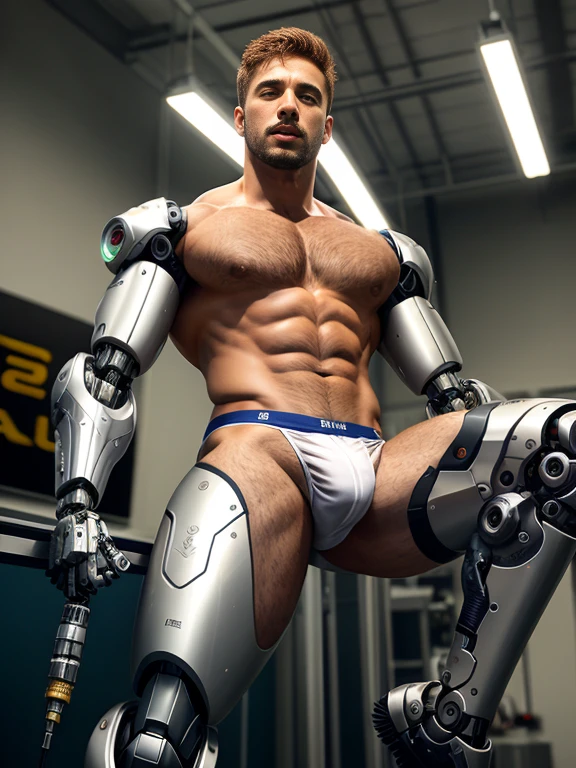 tall bionic man, corpo atletico, primeiro o rei, pelos corporais, ginger hair, barba desenhada, white speedo, LARGE BULGE IN THE UNDERWEAR, flexed biceps, robotic artificial leg prosthesis, Homem com pernas amputadas,Robotic carbon legs, big buttock, ambiente de quarto, high definition, Alta qualidade e realista, show mechanical legs and foots