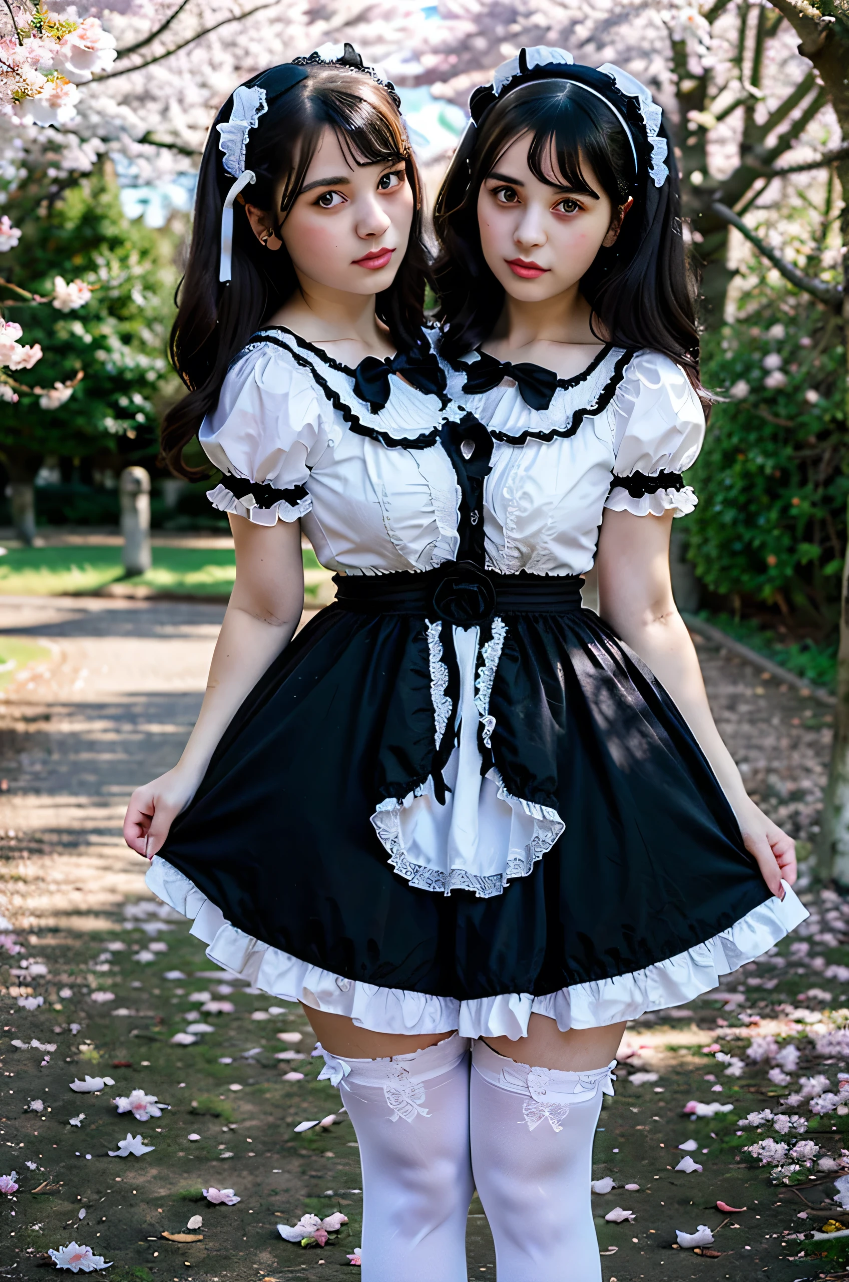 2heads, two headed girl, age 20, curvy, dark hair, ta fashion, black and white loliress, hair ribbons, white knee high socks, black shoes, in a part surrounded by cherry blossom trees,