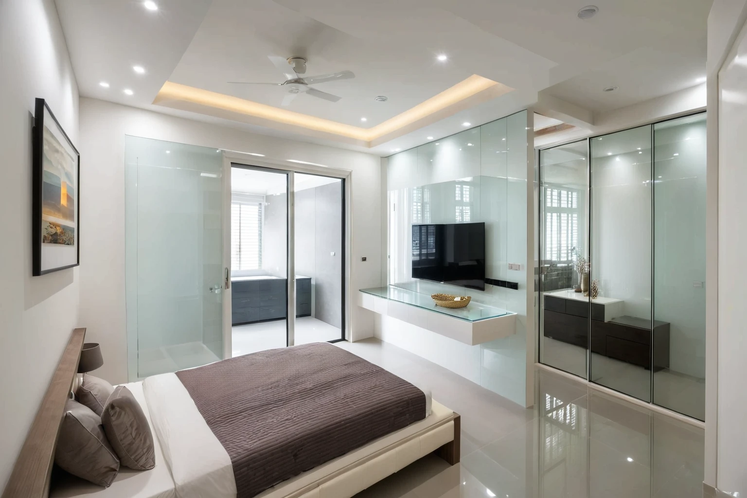 Raw photo,Masterpiece, high quality, best quality, authentic, super detail, indoors, interior ,BED room, modern style, daylight, (WHITE WALL), (((the right corridor ))), mezzanine floor, glass door.