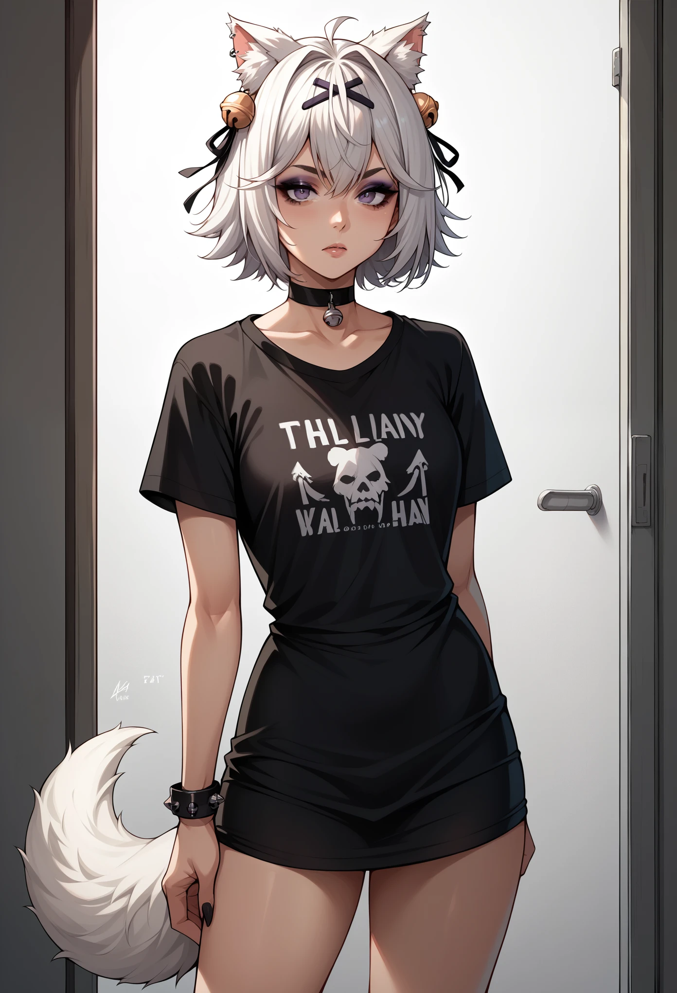 score_9, score_8_up, source_anime, 1girl, solo, Filian, tail, short hair, hairclip, hair bell, black shirt, t-shirt, black choker, goth, eyeliner, eyeshadow