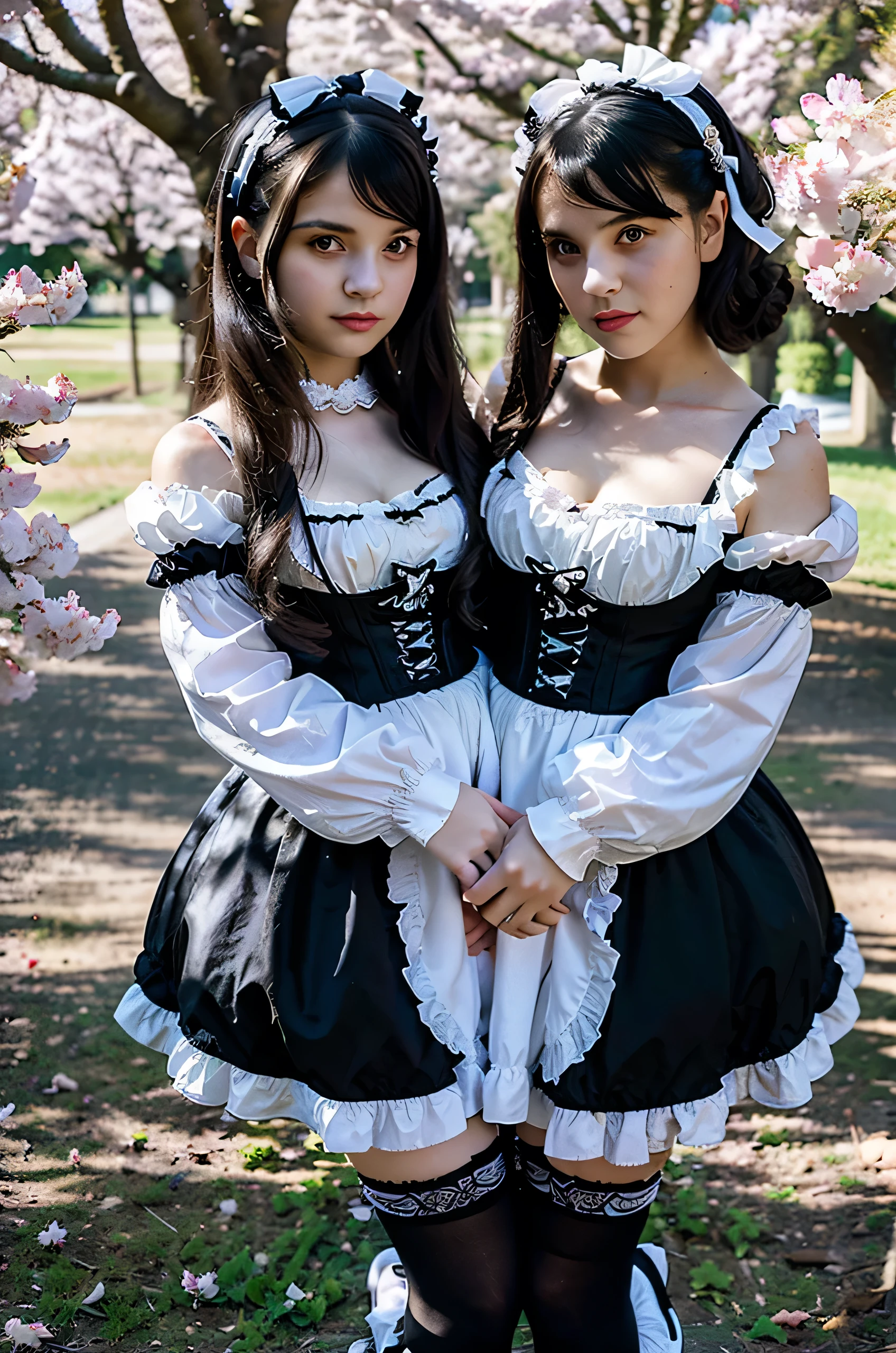 2heads, two headed girl, age 20, curvy, dark hair, ta fashion, black and white loliress, hair ribbons, white knee high socks, black shoes, in a part surrounded by cherry blossom trees,