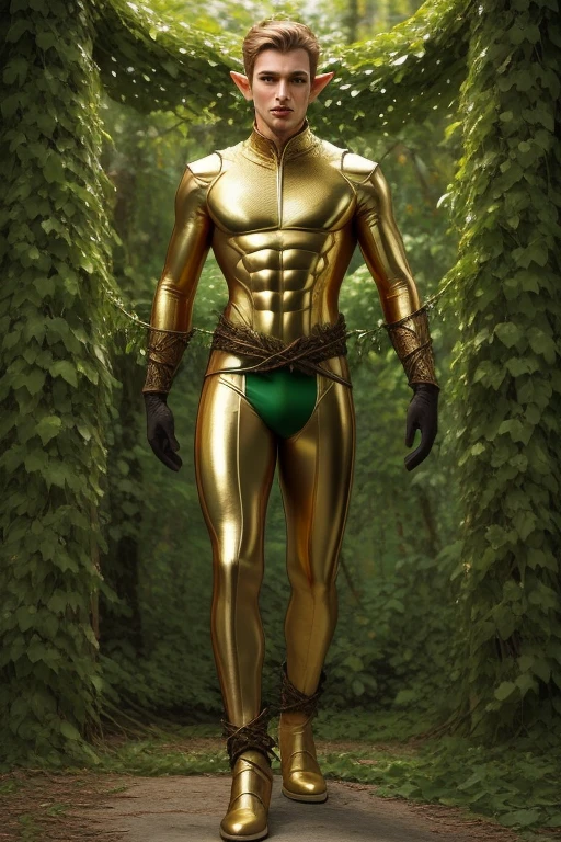 Full body photorealistic shot.( handsome Elf Adam Forest)( slender built)(impressive) (solid skin made of intricate thick gold biomorphic viens and vines textured spandex body and gloves )
