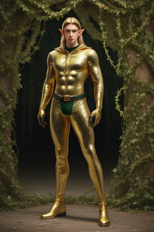 Full body photorealistic shot.( handsome Elf Adam Forest)( slender built)(impressive) (solid skin made of intricate  thick gold biomorphic  viens and vines textured  spandex body and gloves )