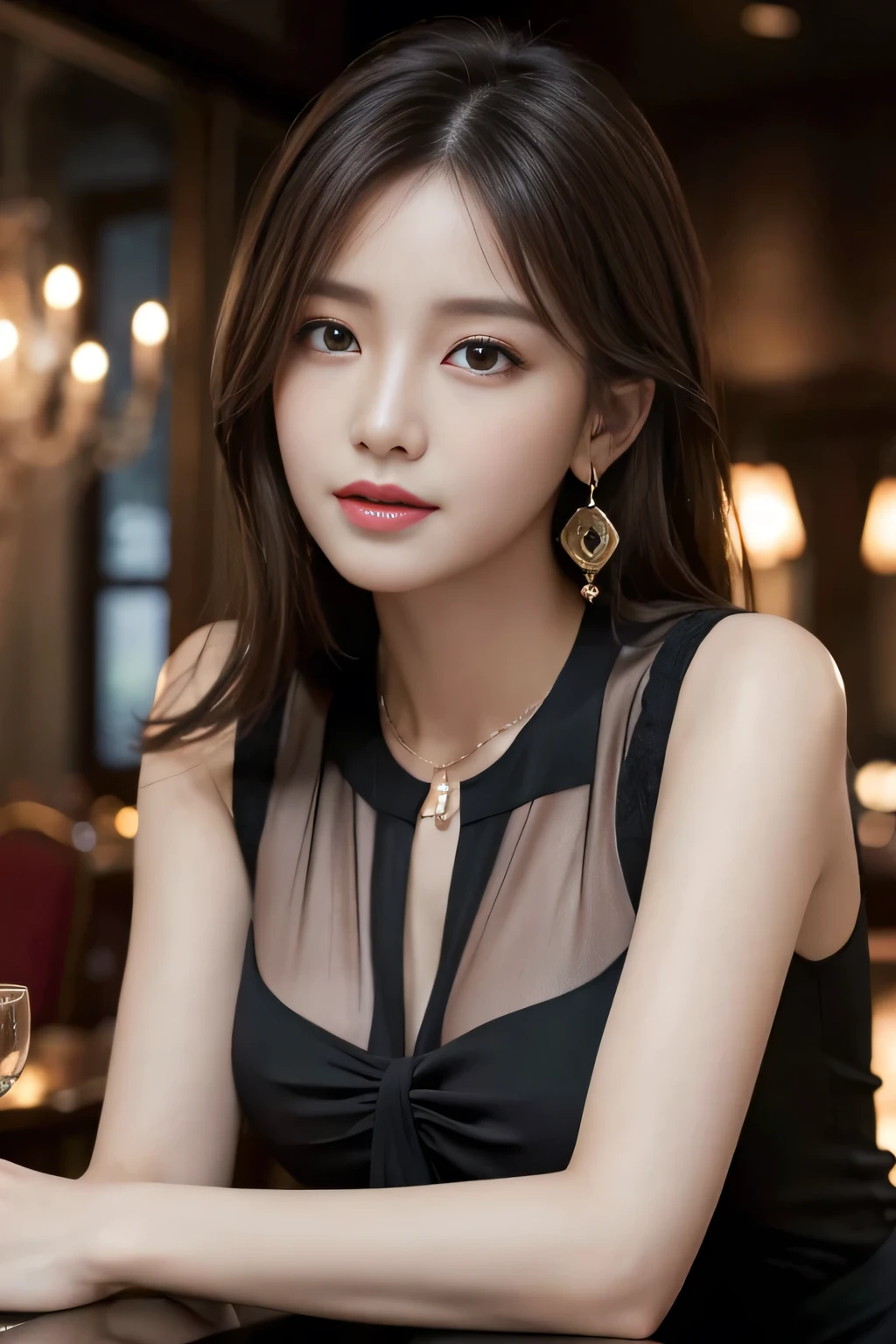 masterpiece, highest quality, Realistic, Very detailed, Finer details, High resolution, 8k wallpaper, One beautiful woman, Wear an elegant black see-through blouse, In a great restaurant, At night, Light brown messy hair, Perfect dynamic composition, Beautiful and beautiful eyes、Big earrings、Sleeveless shirt、