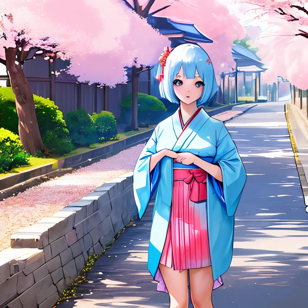 Light blue short hair kimono girl cherry blossom