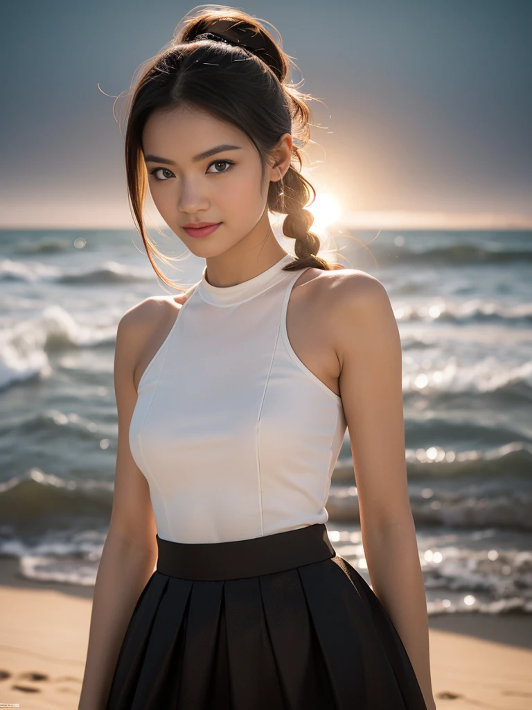 (masterpiece, best quality:1.2), (8k uhd, 16k, 32k, ultra high res), (photorealistic:1.37), (RAW photo), ultimate-realistic, ultimate-realistic details, ultimate-realistic texture, ultimate-intricate details, ultimate-realistic lighting, ultimate-realistic shadow, japanese girl, 24yo, ultimate-cute face, ultimate-RAW skin, ultimate-eyes, full-body portrait of a fabulous, funky, , teen girl in a candid solo portrait for Mad Max: Fury Road film, with a playful, quirky, snarky, smirking expression, wearing elegant ancient haute couture. She looks 18 and 5'2": Japanese-Colombian, with (flat, athletic, well-muscled physique similar to Zendaya). Heavy eyeliner. Tasteful natural makeup. Sleek black hair is Asian-textured, extremely asymmetrical, in a messy tumble-down updo with sidebraids. Wearing daring, fabulous stunning showstopper outfit in bold, bright, high-contrast colors, strong shapes, cut-outs. Wild skirt. Joyful, sarcastic, teasing smiling attitude. Dynamic, pin-up pose. Blank background. Ultra realistic, 8k HD, Hypermaximalist. Golden ratio. dramatic sun lighting, sun flare ((Ultra Long Exposure)), intricate details on face, body, & outfit