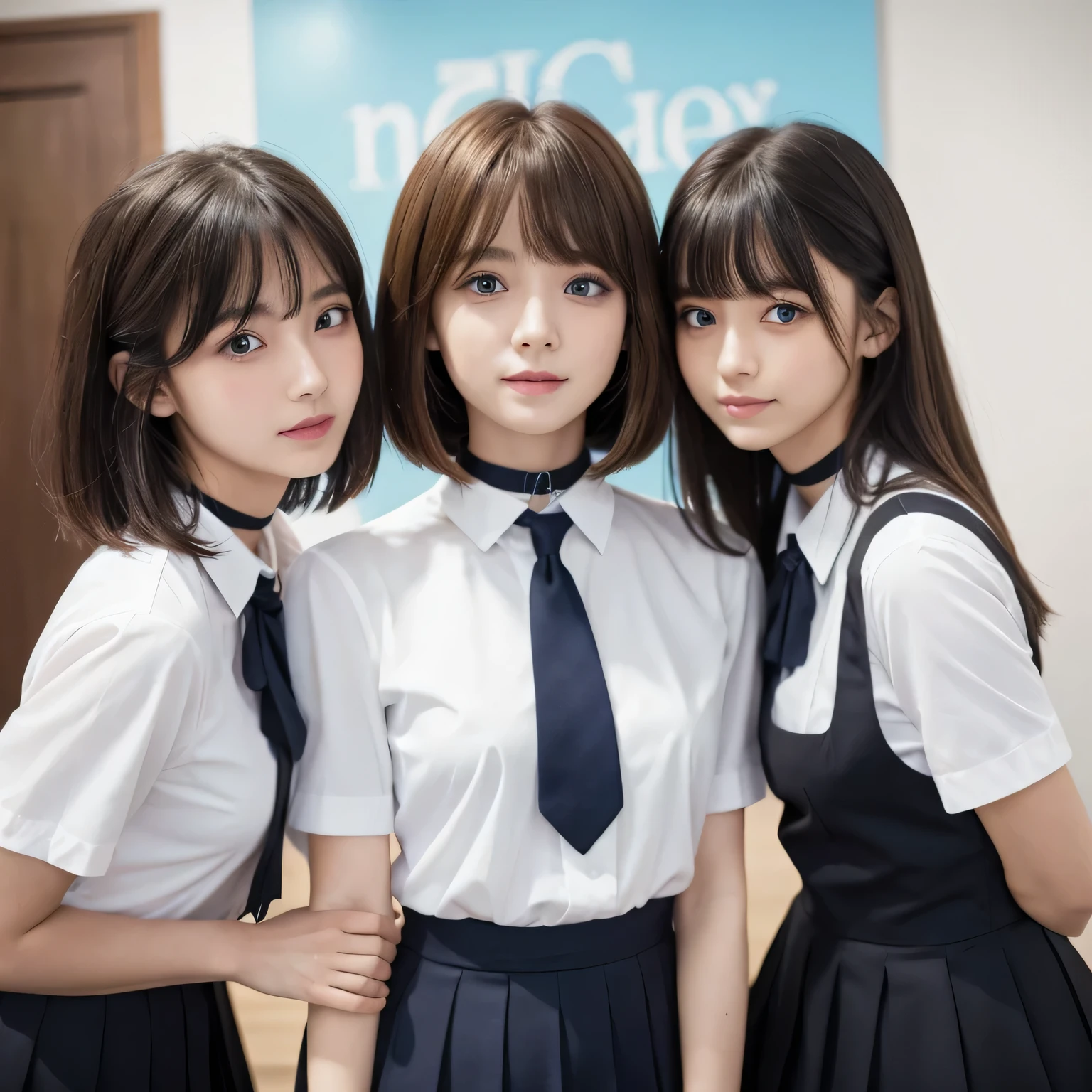 Group photo、((Layered Haircut)),（8k，highest quality），Full Body Shot，hots from a distance，student，class，During class，White satin open-collar shirt，Full body photo、 Adorable， smile， Thin face， Long, fine brown hair， 32k, masterpiece， Best image quality，超A high resolution，Perfect hands，Black choker、Blue Eyes、bangs、Very many and very long eyelashes、uniform、Girls&#39; School、Listening to class、Summer clothes、smile、garden、cherry blossoms