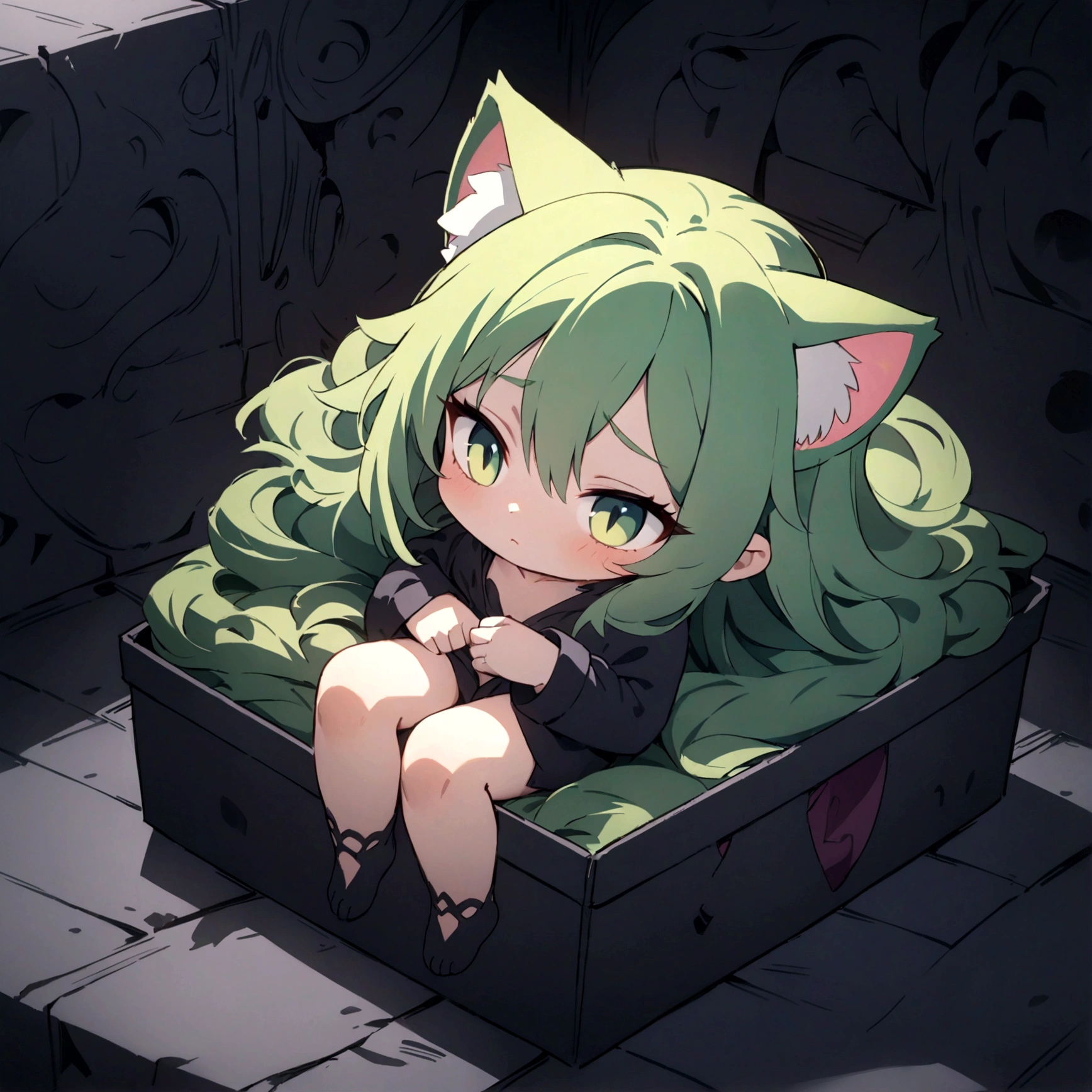 a cute sleepy cat girl with green hair, demonic aesthetics, sitting in a demonic looking box, extremely detailed face and eyes, detailed intricate hair, intricate demonic design, dark fantasy, dramatic lighting, moody colors, cinematic composition, photorealistic, 8k, high quality, masterpiece