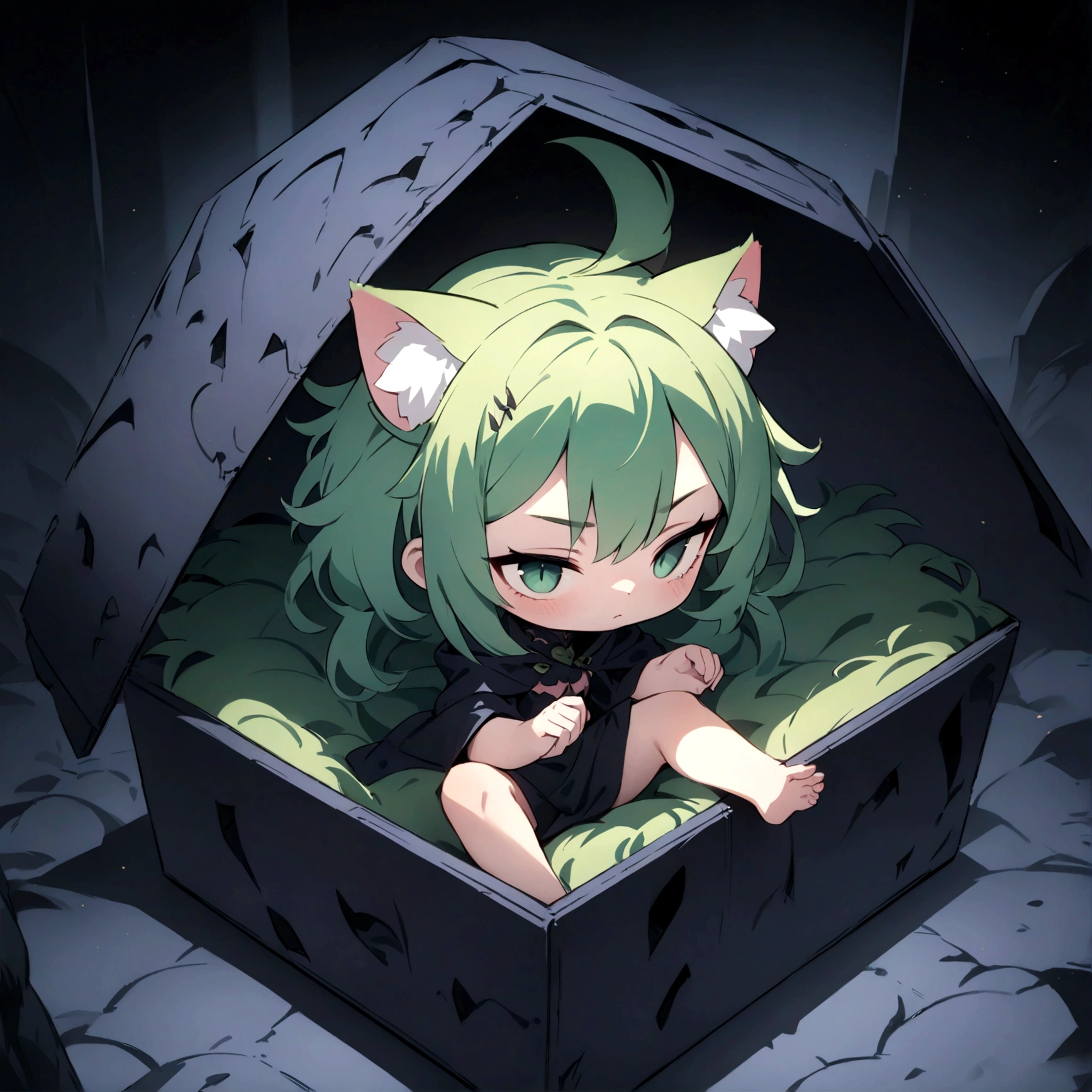 a cute sleepy cat girl with green hair, demonic aesthetics, sitting in a demonic looking box, extremely detailed face and eyes, detailed intricate hair, intricate demonic design, dark fantasy, dramatic lighting, moody colors, cinematic composition, photorealistic, 8k, high quality, masterpiece