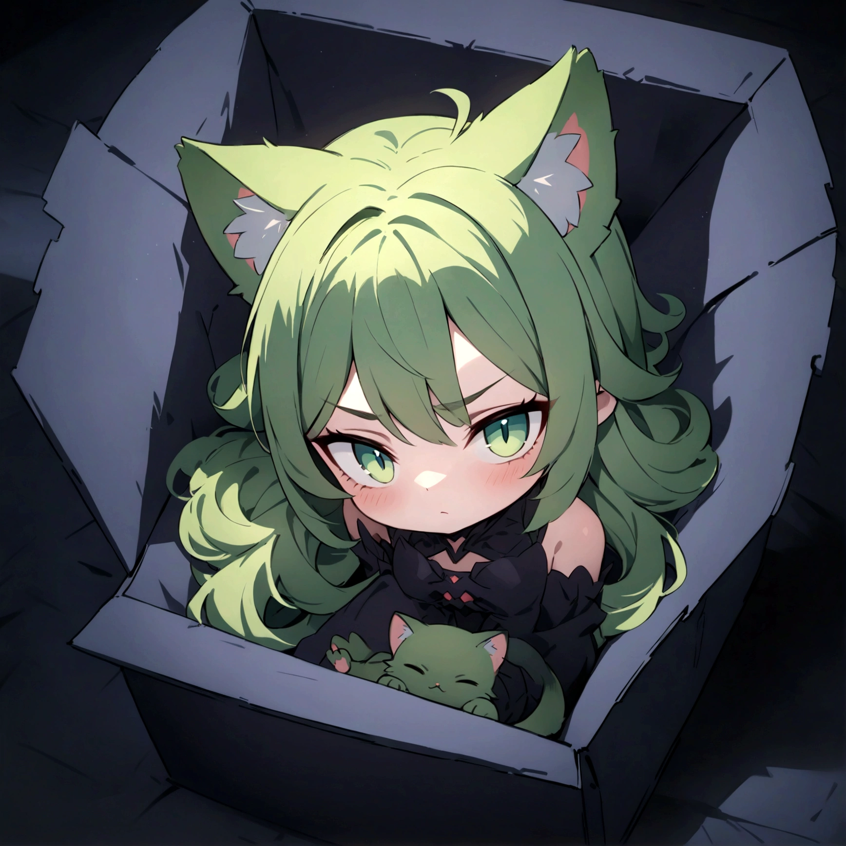 a cute sleepy cat girl with green hair, demonic aesthetics, sitting in a demonic looking box, extremely detailed face and eyes, detailed intricate hair, intricate demonic design, dark fantasy, dramatic lighting, moody colors, cinematic composition, photorealistic, 8k, high quality, masterpiece