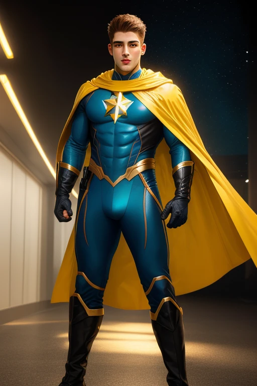 full body photorealistic ultra realism high definition aesthetic stabilized diffusion picture of handsome hunky fractal clean shaven Cody Christian as Captain Atom IN shiny cyan and yellow with yellow cape. Super bulge,,