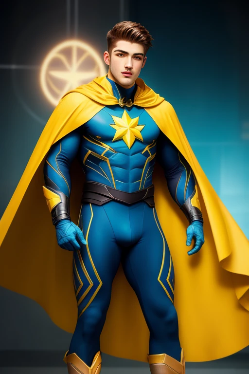 full body photorealistic ultra realism high definition aesthetic stabilized diffusion picture of handsome hunky fractal clean shaven Cody Christian as Captain Atom IN shiny cyan and yellow with yellow cape. Super bulge,,