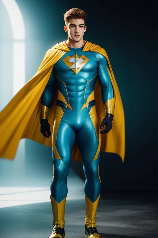 full body photorealistic ultra realism high definition aesthetic stabilized diffusion picture of handsome hunky fractal clean shaven Cody Christian as Captain Atom IN shiny cyan and yellow with yellow cape. Super bulge,,