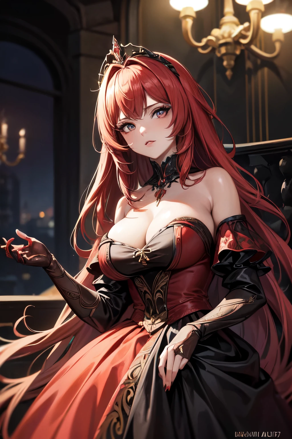 (melhor qualidade), (detalhado), mulher grossa com cabelo longo vermelho em cauda, 17th century ball gown, cara vermelha de vergonha, olhos detalhados, detailed lips, (masterpiece).