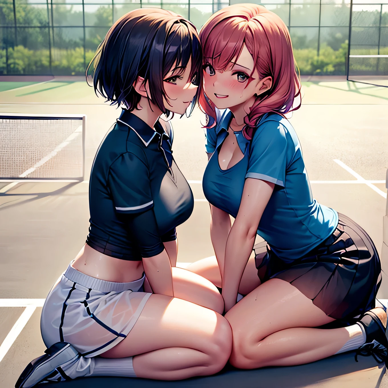 best quality,ultra-detailed,high resolution,extremely detailed CG,perfect anatomy,detailed,cinematic lighting,beautiful detailed eyes,ultra high res,(2girls:1.5),18years old,gleaming skin,oil skin,sweat,humid,trembling,strong light coming in,spot lighting,bright,revealing,nose blush,nsfw,(slut:1.2),(steam:1.2),(wet:0.8),(trembling:0.8),(drooling:0.6),(sweat:0.8),(nsfw:1.2),(Tennis uniform:1.2),(Young:1.2),Japanese,(Tennis court:1.2),large breasts,(Random Hairstyles:1.2),Bold Pose,(full body:1.2),skirt,(Sheer tops:1.5),Shyness,(lure:1.5),(Smile:1.3),(Lesbian:1.9),(Taunt:1.9)