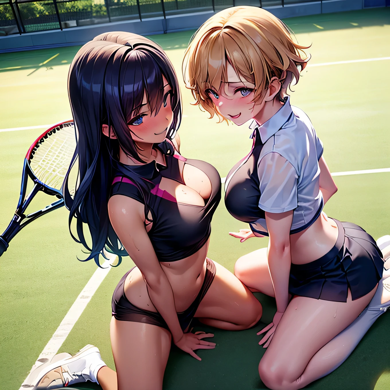 best quality,ultra-detailed,high resolution,extremely detailed CG,perfect anatomy,detailed,cinematic lighting,beautiful detailed eyes,ultra high res,(2girls:1.5),18years old,gleaming skin,oil skin,sweat,humid,trembling,strong light coming in,spot lighting,bright,revealing,nose blush,nsfw,(slut:1.2),(steam:1.2),(wet:0.8),(trembling:0.8),(drooling:0.6),(sweat:0.8),(nsfw:1.2),(Tennis uniform:1.2),(Young:1.2),Japanese,(Tennis court:1.2),large breasts,(Random Hairstyles:1.2),Bold Pose,(full body:1.2),skirt,(Sheer tops:1.5),Shyness,(lure:1.59,(Smile:1.3),(Lesbian:1.9),(Taunt:1.9)