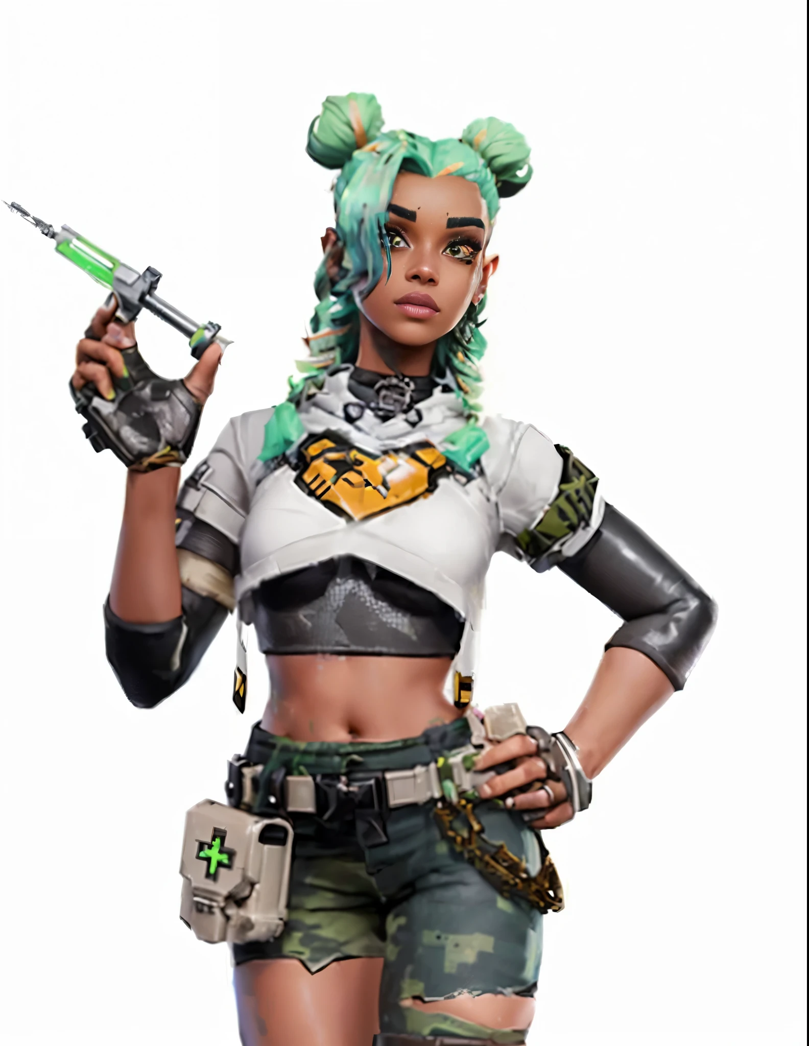 un primer plano de una persona sosteniendo un arma y vistiendo una camisa, loba andrade de apex legends, piel bronceada, arte oficial del personaje, personaje fortnite, piel bronceada, piel fortnite, piel verde azulado, al estilo de apex legends, Personaje de Apex Legends, Piel de Geeen, mechanic punk outfit, as a personaje fortnite, lucio as a woman, valorant character