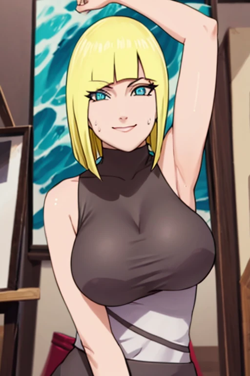 Perfect, masterpiece, (best quality, highres:1.2), 1girl, beautiful detailed eyes, beautiful detailed lips, extremely detailed eyes and face, long eyelashes, medium:oil painting, vivid colors, HDR, studio lighting, ultra-fine painting, sharp focus, physically-based rendering, extreme detail description, portraits, ((organized fingers)), curvy body, large , perfect shape, facing viewer, sweaty, gorgeous, ((arms up)), sleeveless turtleneck, straddling, smile, blonder hair, blue ocean eyes