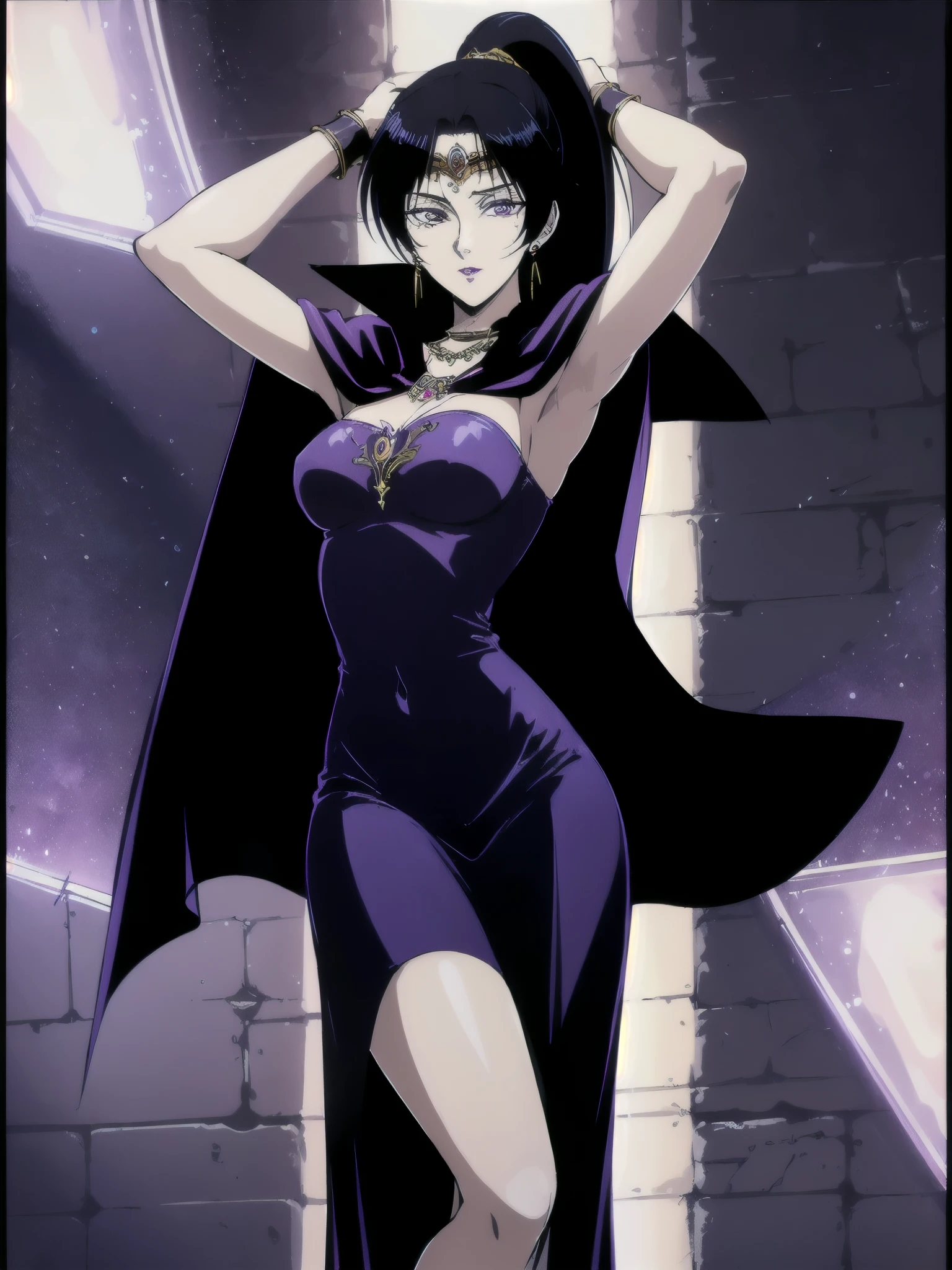 Armpit Show,masterpiece, highest quality,View your viewers,Carla,One girl,ponytail,Black Hair,Purple eyes,Purple lips,Circlet,necklace,Earrings,Black Dress,Cape,