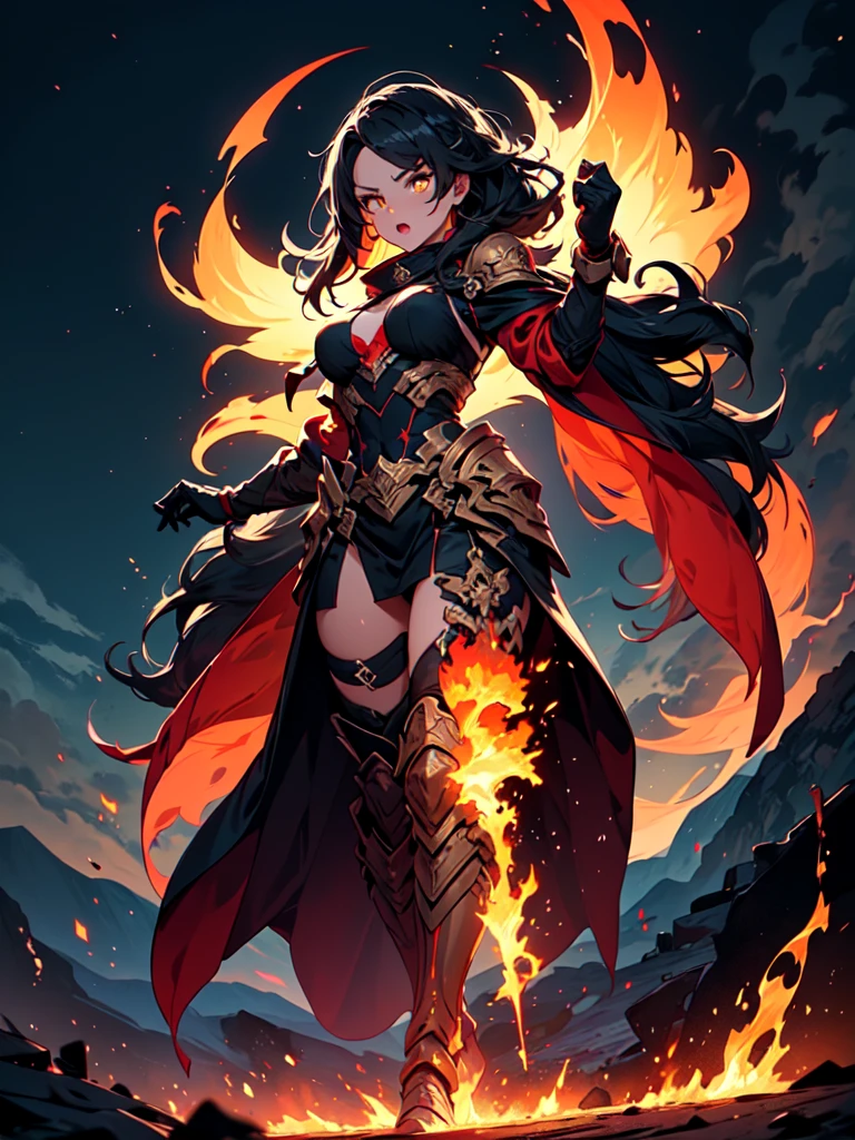 A woman wearing red heavy samurai armor, with metal boots, red bracelet, long black hair, big breasts, with golden scarf in her hair, holding an unsheathed katana, glowing red eyes, sadistic smile, with a large phoenix of fire behind, walking on a rock platform, with a sadistic look, full body.,HDR, ultra resolution, well defined, masterpiece, 8K HD. (solo woman)
