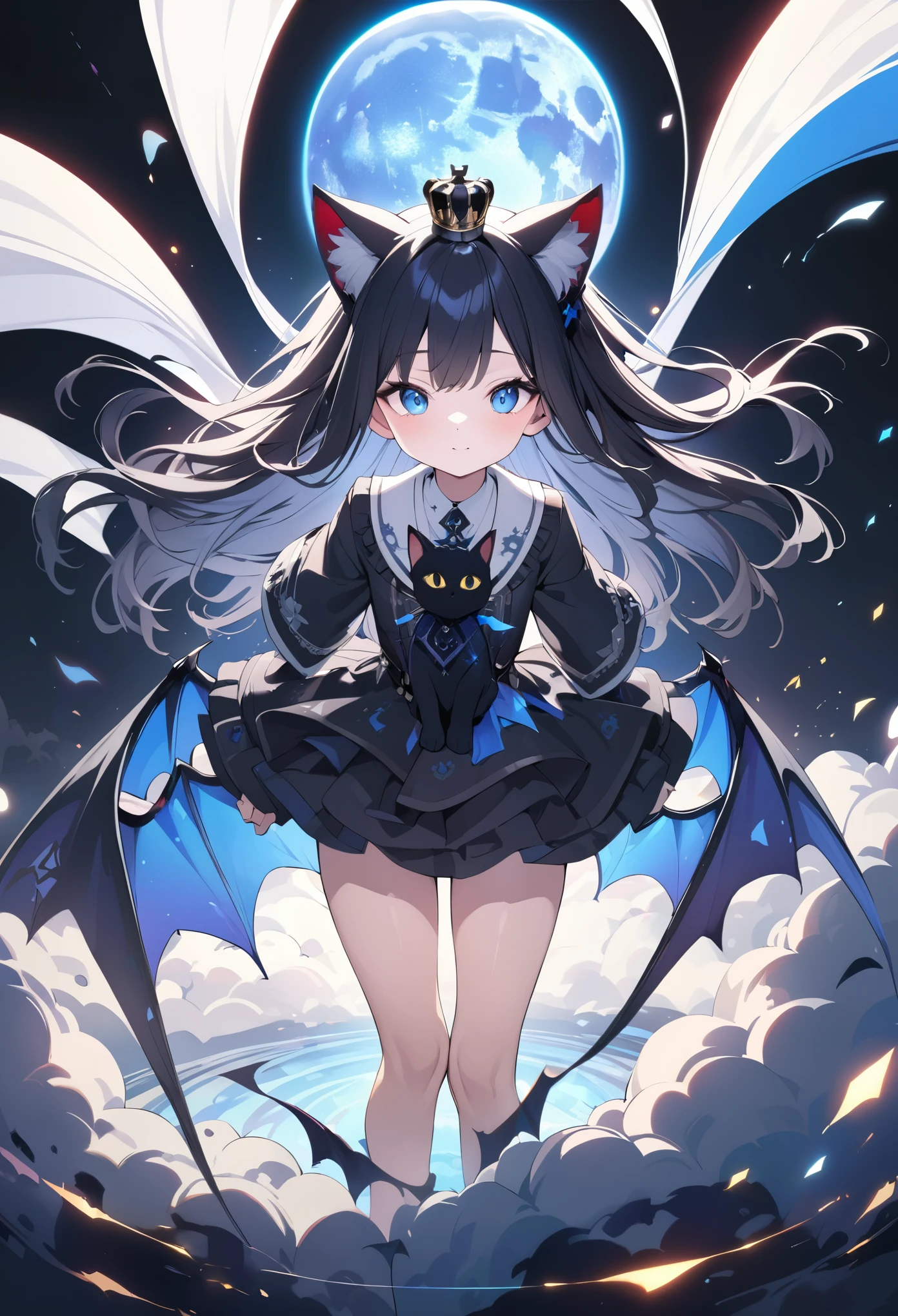 whole body、girl、cute、Black Hair、Black cat ears、beautiful青い目、Black Crown、Black and blue vampire wings、Glare、Also々funny Face、beautiful、blue Moon、Lots of blue light、Fantasy black cat,Facial close-up enhancement,AmbiLight,The colors are vibrant and bright,Black background,mist,Detailed Description,Rich details,An explosion of imagination,Surreal,Ultra-realistic,masterpiece,8k,Light,Tyndall effect