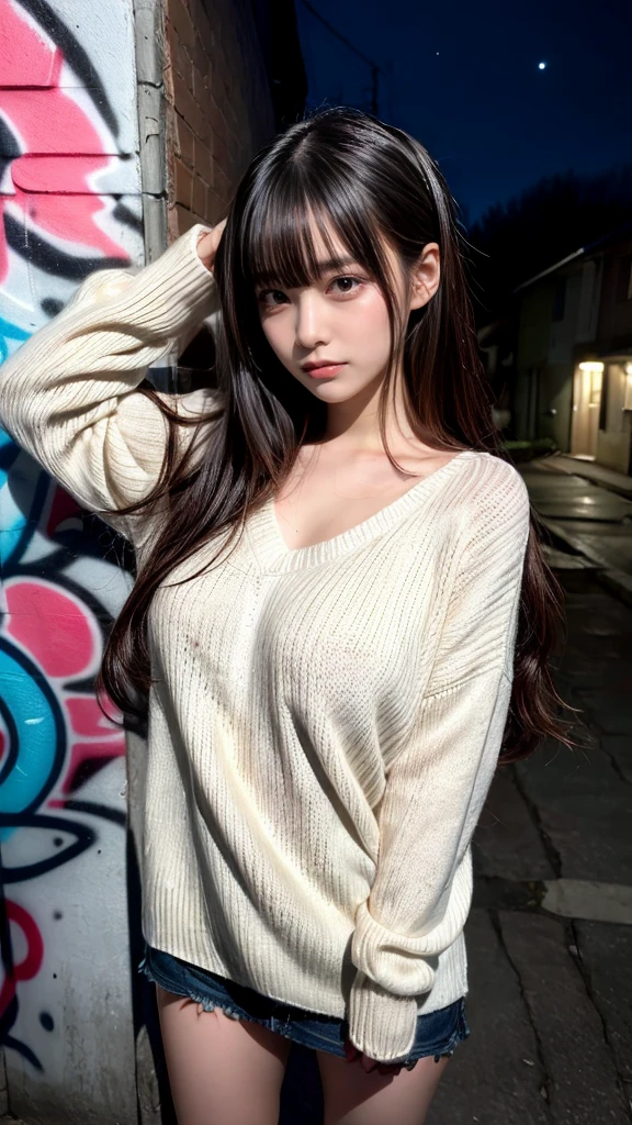 masterpiece, best quality, illustration, Super detailed, fine details, High resolution, 8K,wall paper, perfect dynamic composition,(Details High quality, realistic depiction of eyes:1.3),  (Japanese teenage girl standing in a dirty back alley at night, hands on head, graffitied wall:1.1), ((white hand-knitted long sweater, v-neck sweater, oversized clothes)), black hair color, Big Natural Color Lip,  seductive face, provocative look, crying a little、Harajuku style、(graffiti), night time, 20 year old girl、cute type、lolita, Gravure Idol, full body photo、focus on crotch, huge breasts, plump breasts