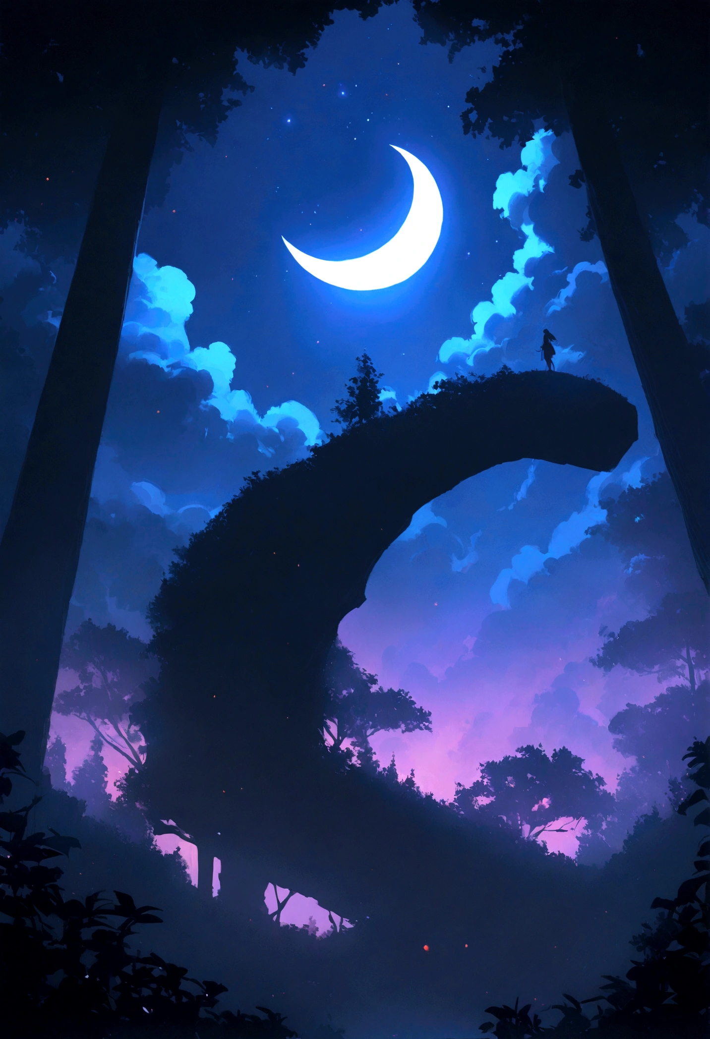 background, forest, night, stars, dramatic clouds, crescent moon, dream, 4k, high resolution, best quality, masterpiece, perfect colors, perfect shadows, plants, perfect lighting, posted on e621, (by Chunie, by Einshelm), ((Bonifasko lighting))
