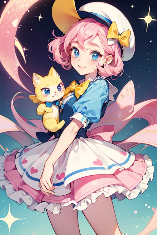 Chamametchi has pale cream skin, navy blue eyes with curled eyelashes, pink cheeks, and a curvy mouth like a cat's. She wears a pink mame cap with a yellow bow, white bottoms, and a pink shirt similar to a petticoat. SPARKLE; GLITTER