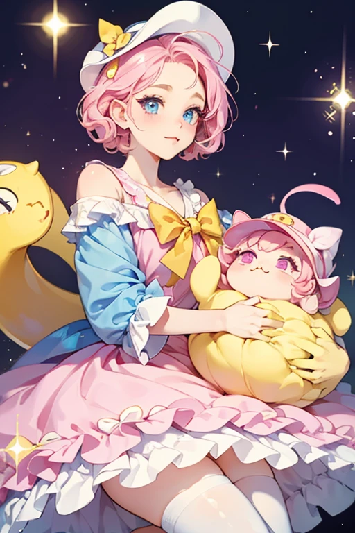 Chamametchi has pale cream skin, navy blue eyes with curled eyelashes, pink cheeks, and a curvy mouth like a cat's. She wears a pink mame cap with a yellow bow, white bottoms, and a pink shirt similar to a petticoat. SPARKLE; GLITTER