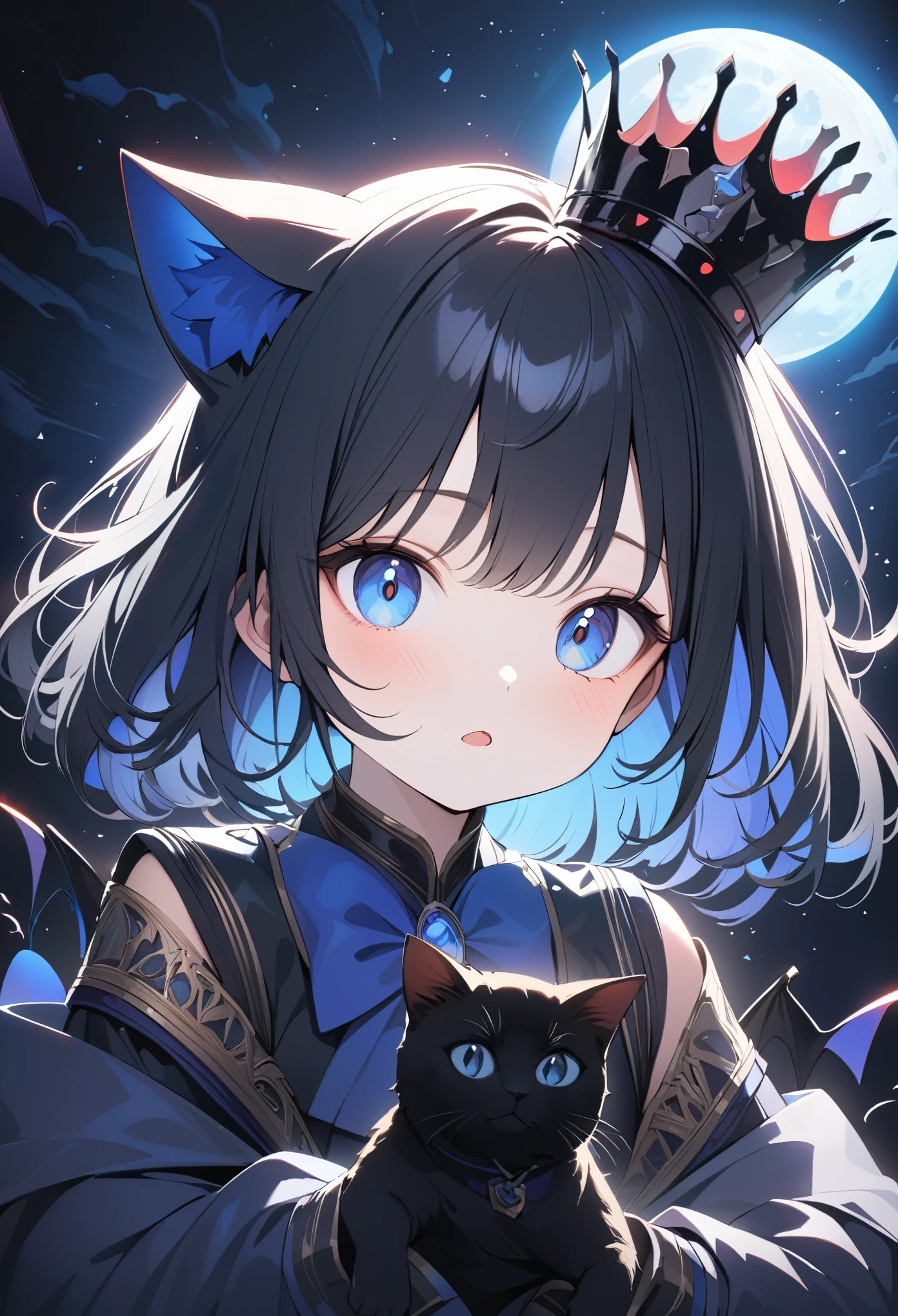 whole body、girl、cute、Black Hair、Black cat ears、beautiful青い目、Black Crown、Black and blue vampire wings、Glare、Also々funny Face、beautiful、blue Moon、Lots of blue light、Fantasy black cat，Facial close-up enhancement，AmbiLight，The colors are vibrant and bright，Black background，mist，Detailed Description，Rich details，An explosion of imagination，Surreal，Ultra-realistic，masterpiece，8k，Light，Tyndall effect