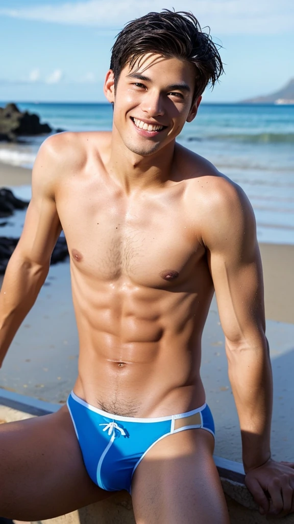 male Age 21 swimwear hawaii lifeguard smile topless handsome