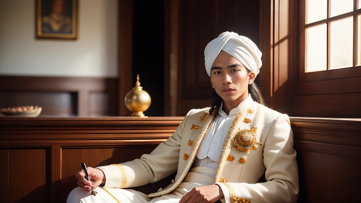 extremely detailed, amazing, fine detail, absurdres, highly detailed,
man a javanese young prophet, wearing top and white turban, white long plain coat, sitting in coach in traditional javanese palace house,
(analog style, dreamlikeart, redshift style, mdjrny-v4 style:0.5), anatomical, hyper realistic lifelike texture dramatic lighting unrealengine trending on artstation cinestill 800 tungsten,
(Asian-Less-Toon:1.25), (50mm Sigma f/1.4 ZEISS lens, F1.4, 1/800s, ISO 100, photography:1.1)