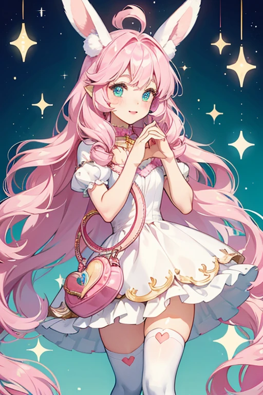 Lovelitchi resembles a white bunny and may be based on an Angora rabbit. She has fluffy fur, pink cheeks, and two upright, woolly ears. Her eyes are teal with sparkle-shaped highlights. In both of her designs, she wears a dress, stockings, a heart-shaped purse, and decorations around her ears. SPARKLE; GLITTER