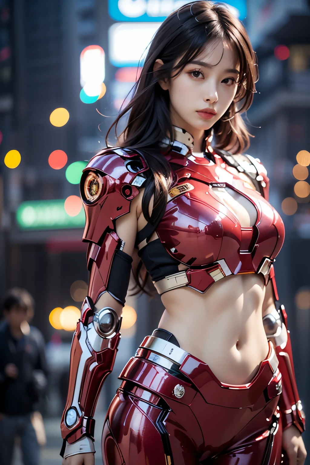 1girl wearing red iron man armor, like iron man, sexy exposed midriff, full metal armor, bare midriff, midriff opening, completely exposed midriff, diaphragm, stomach, (best quality, 4k, 8k, highres, masterpiece:1.2), ultra-detailed, (realistic, photorealistic, photo-realistic:1.37), HDR, UHD, studio lighting, ultra-fine painting, sharp focus, physically-based rendering, extreme detail description, professional, vivid colors, bokeh, science fiction, cyberpunk, glowing, neon