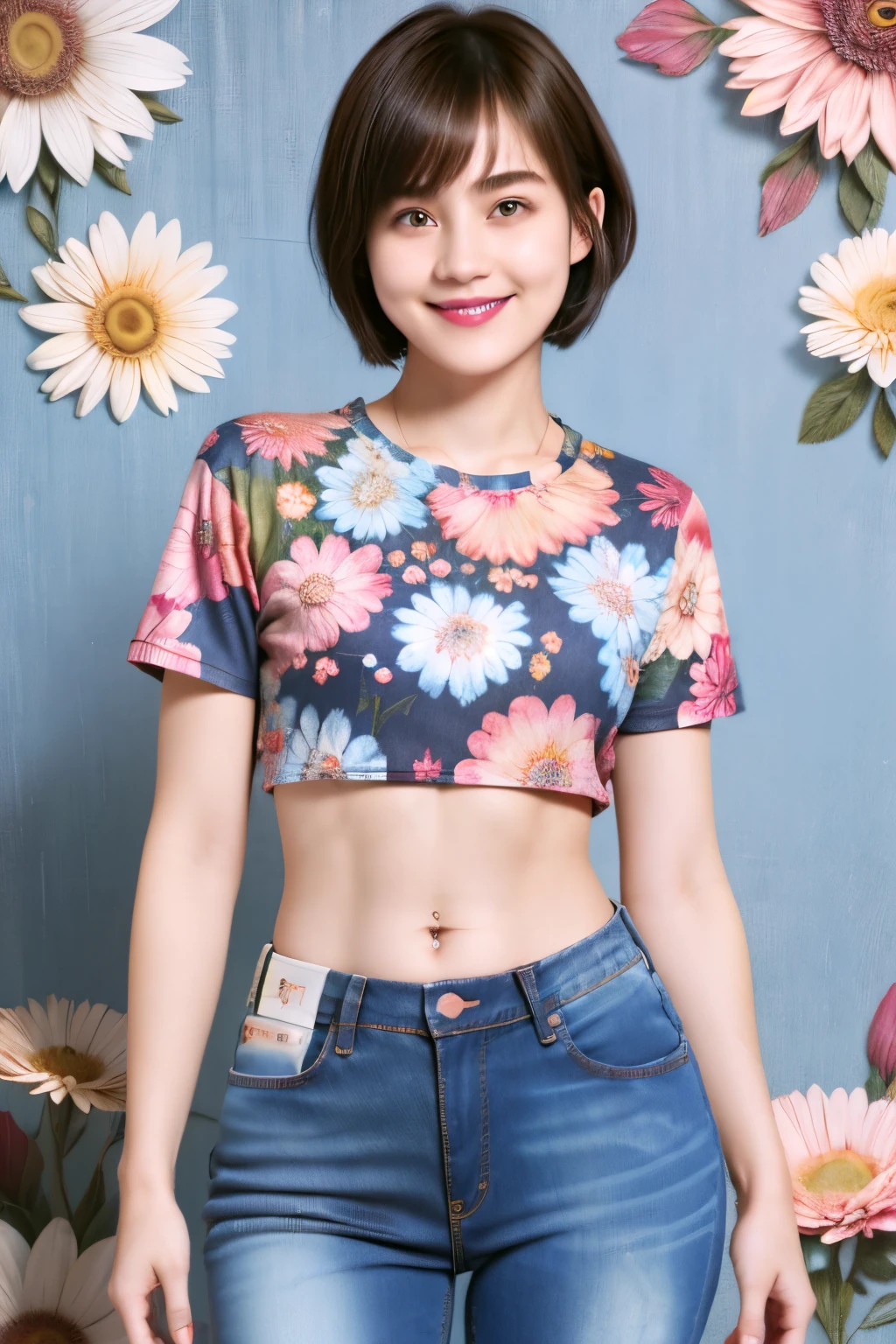 238 18-year-old female, short hair, (Jeans andＴ-shirt), A kind smile, lipstick, Abdominal muscles, (Floral background、Fractal Pattern)