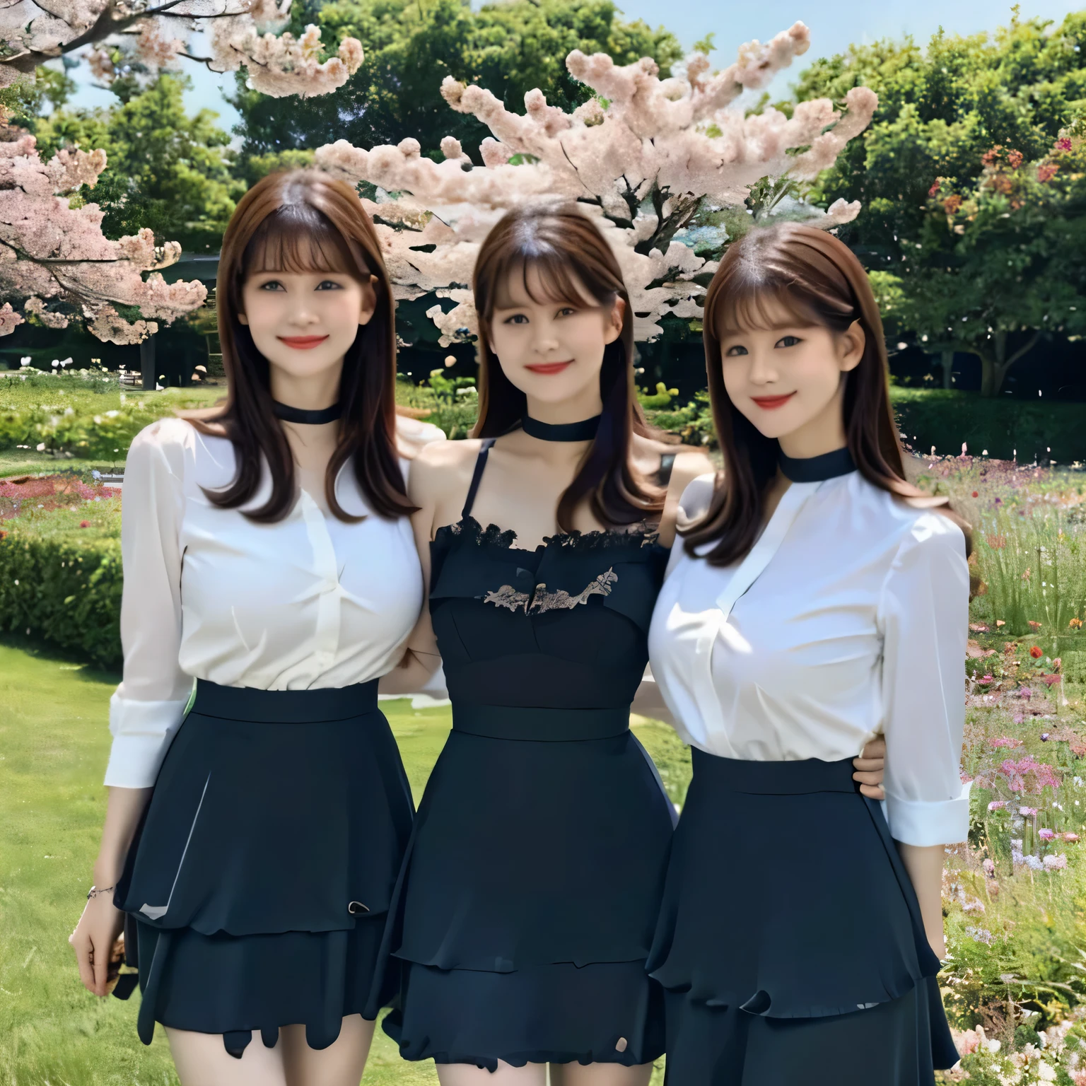 Group photo、((Layered Haircut, Big Breasts)),（8k，highest quality），Full Body Shot，hots from a distance，student，White satin open-collar shirt，Full body photo、 Adorable， smile， Thin face， Long, fine brown hair， 32k, masterpiece， Best image quality，超A high resolution，Perfect hands，Black choker、Blue Eyes、bangs、Very many and very long eyelashes、uniform、Summer clothes、smile、garden、cherry blossoms