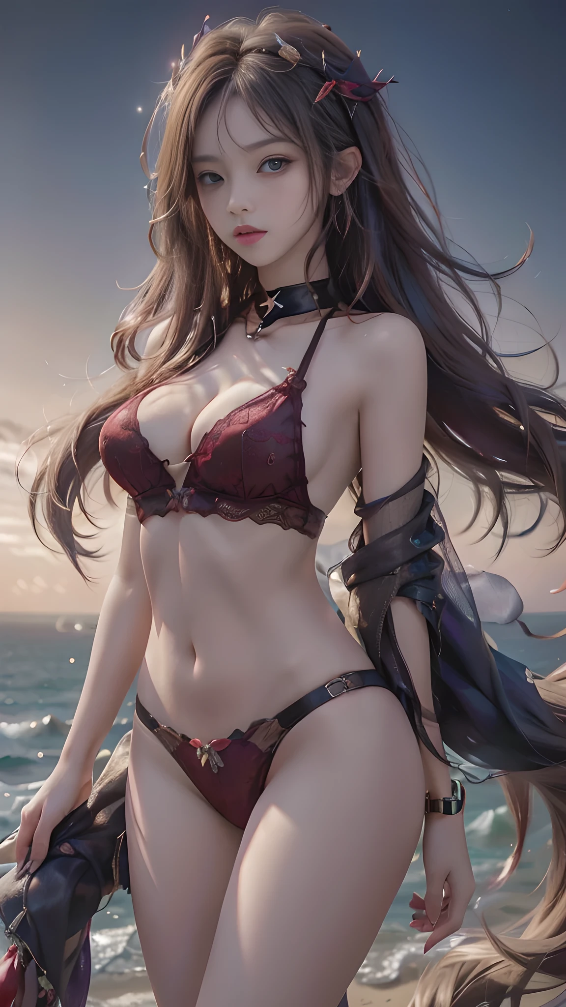 full hd 8k, Girl standing in front of a dark night scene, full moonlight reflecting on her beautiful face. Her long, silky hair was gently blown by the night wind, creating a gentle and romantic feeling. She is walking on a large beach. She looked up at the starry sky, as if searching for something, her eyes showing a pensive and lonely look. The full moon shines in the night sky creating a beautiful scene. The girl has long, silky hair, creating a luxurious and noble beauty. The moonlight shines on the girl's delicate face, highlighting her large, round light brown eyes, creating a natural, gentle beauty. She wore a little sexly red bikini to create a sexy beauty. Her plumble breasts were exposed, revealing her plumble and extremely sexy breasts. These images capture detailed panoramic portraits and views of the sky and sea. All create a beautiful, wonderful picture that makes people unable to take their eyes off the scene. All of these details are depicted clearly and sharply, creating sexyly poses,