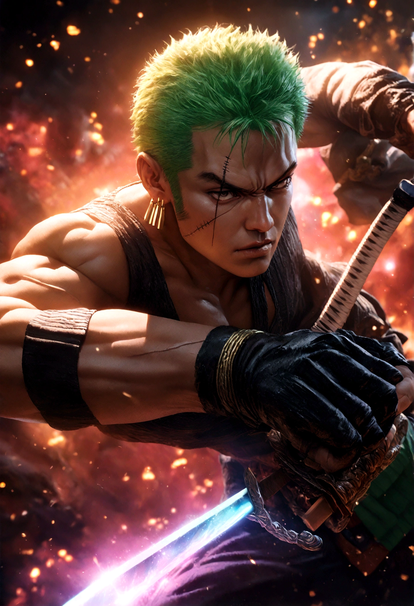 (Chinese Handsome: 1.5), 男人手握武士刀,海水围绕身旁, green hair, sword, Japanese sword, Japanese samurai, realistic details, realistic photos, abs, shirtless textured skin, looking into the camera, 18 years old boy, studio, model,怒视观众,
