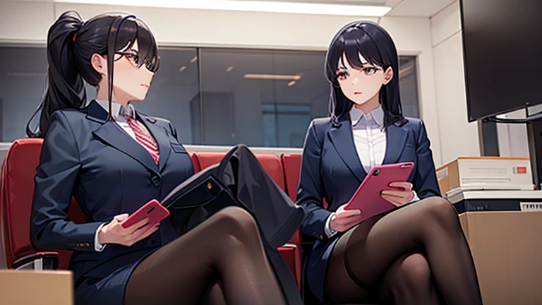 (Woman looking at smartphone)、Company office、Anxious look、Woman holding a smartphone、Woman in suit、Sitting in a chair