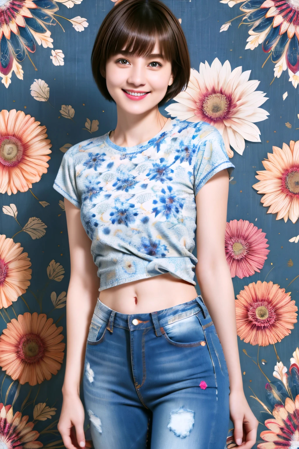 238 18-year-old female, short hair, (Jeans andＴ-shirt), A kind smile, lipstick, Abdominal muscles, (Floral background、Fractal Pattern)