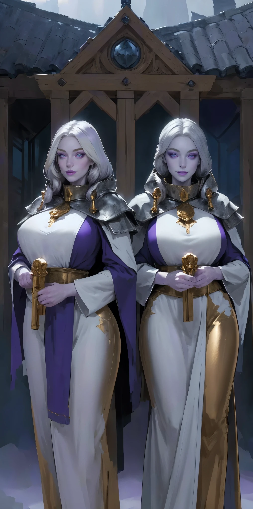 (Triplets)(chest covered)(smile)Gray skin, pale golden hair and violet eyes. They prefer clothing of white and silver with cloaks of deep blue or purple,village background, huge_knockers, ((very precise detailed)), ((highres)