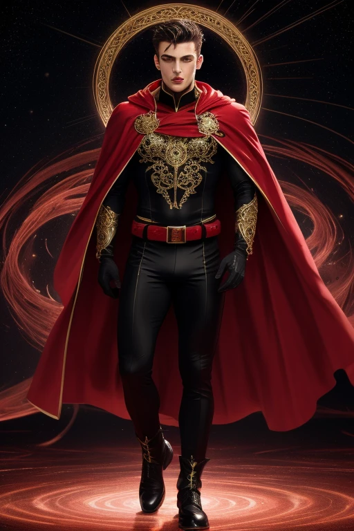 Full full body photorealistic ultra realism high definition aesthetic stabilized diffusion picture of handsome hunky fractal clean shaven Zayne as celestial CB, wearing Very black and red swirls filigree sparkling biomorphic transparent overall tight fit spandex and gloves.. red cape, standing in with hand on the hips.